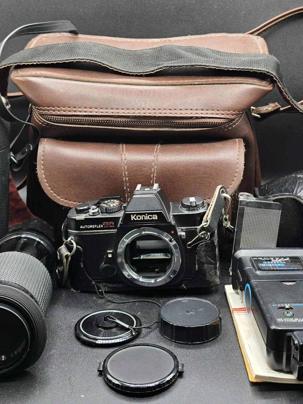 Konica Autoreflex TC 35mm SLR Camera - Black with Brown Leather Case